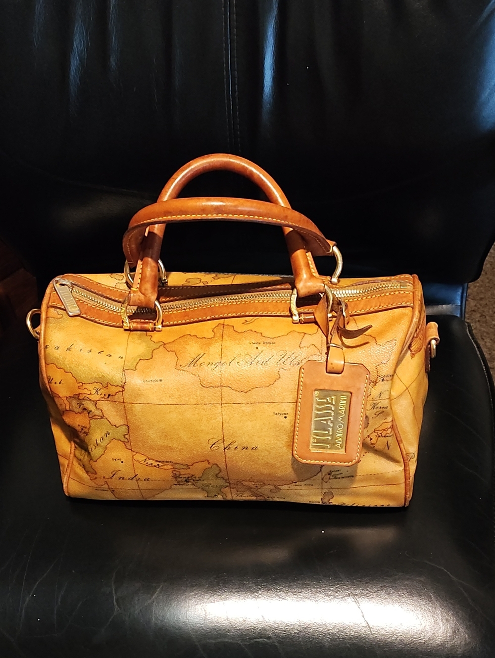 Alviero Martini Brown Tan Map-Print Boston Bag